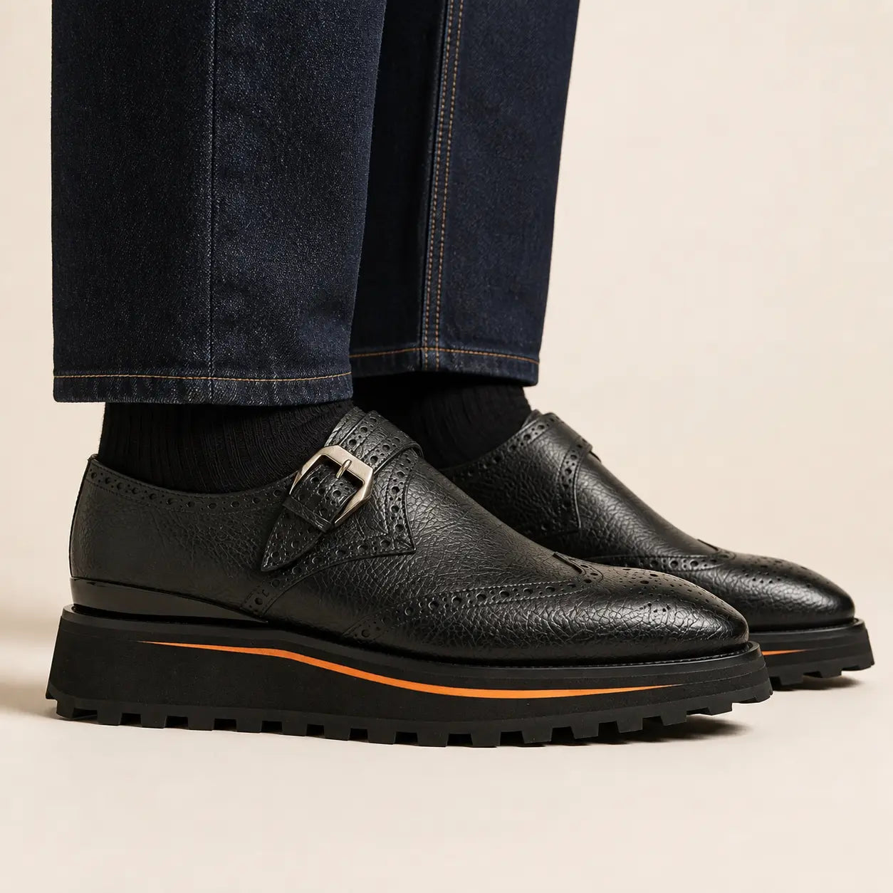kangaroo leather dress shoes Men's Black Wingtip Monk with Lug Sole – Divinch kimono-taille-guide-8