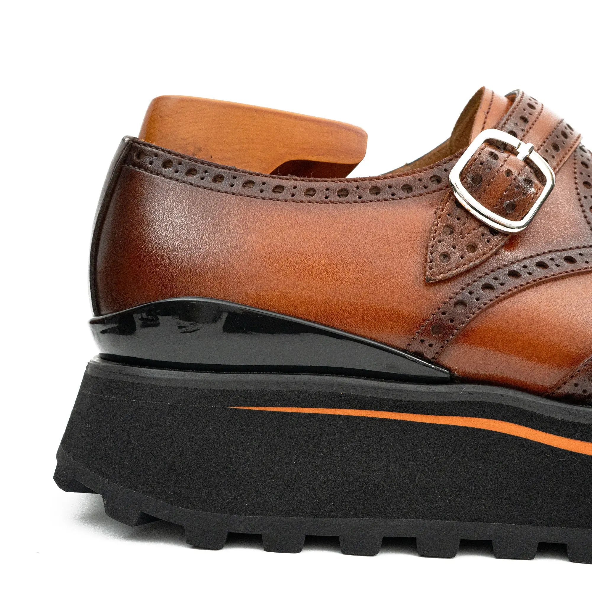 Brown Brogue Monk Shoes With Chunky Sole Divinch