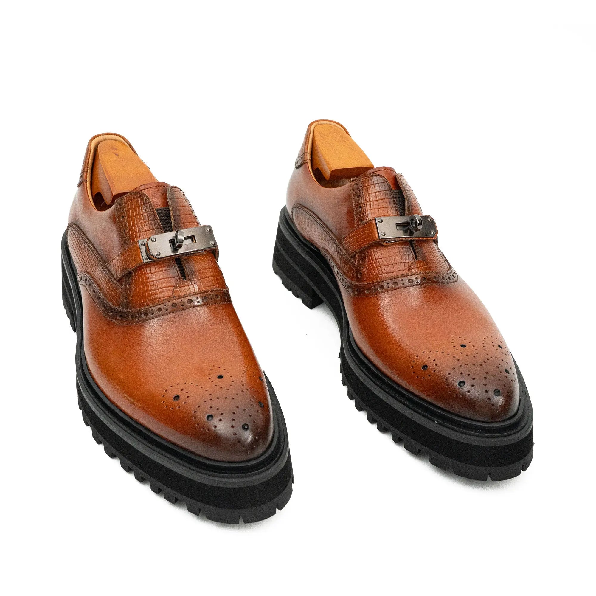 Men's Brogue Detail Leather Loafers Brown Divinch