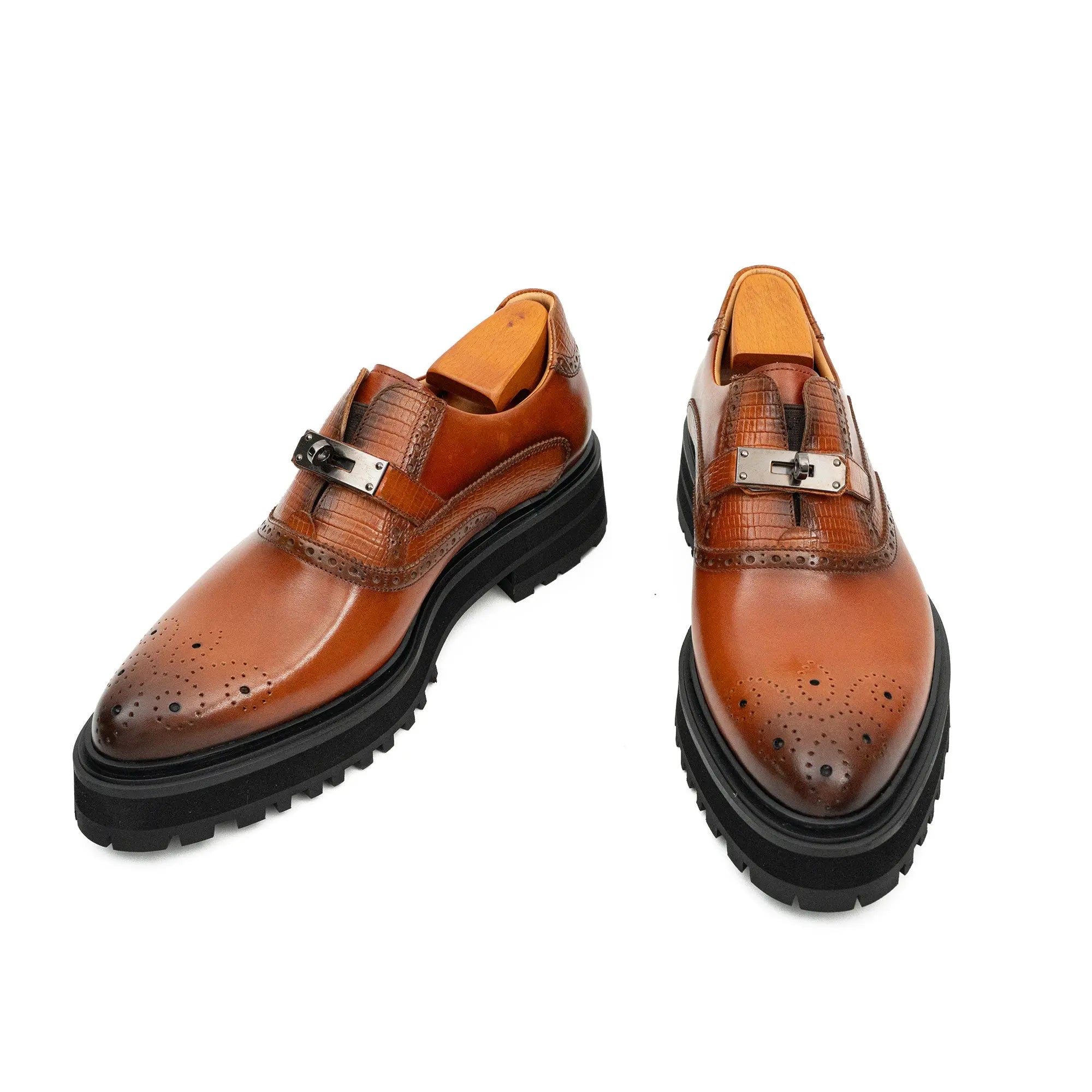 Men's Brogue Detail Leather Loafers Brown Divinch