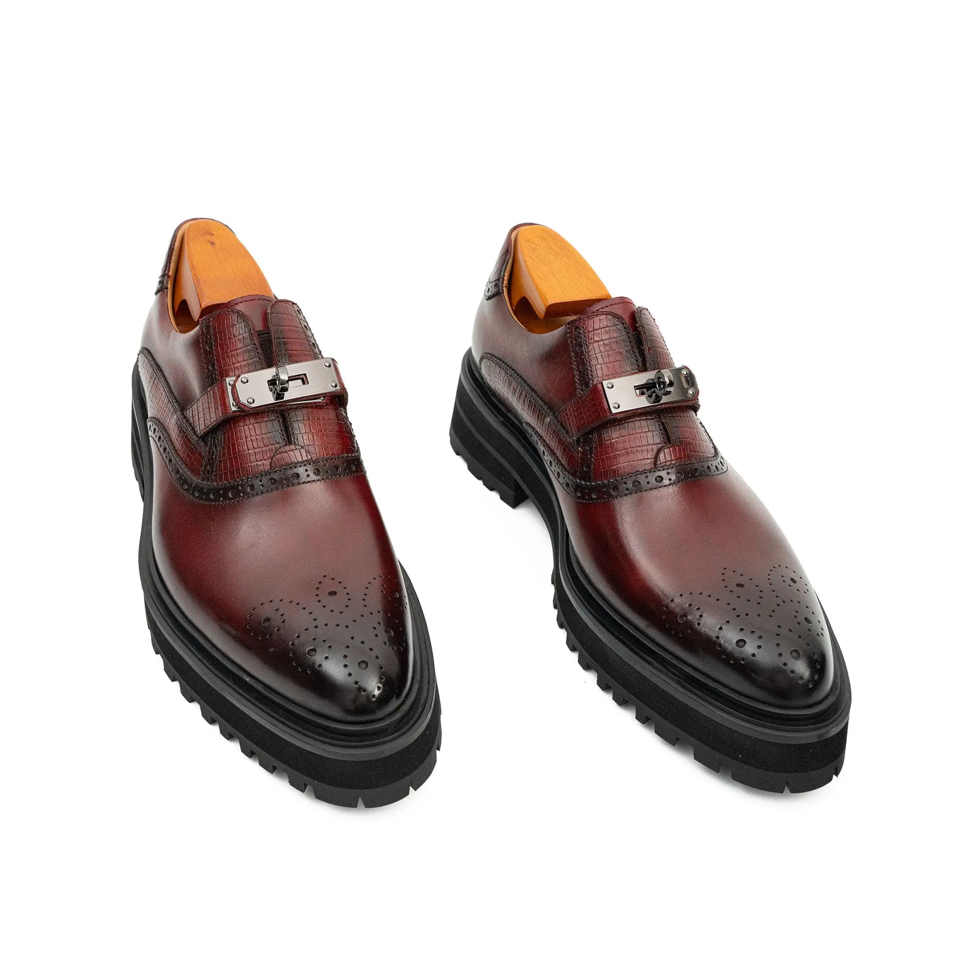 Men's Brogue Detail Leather Loafers Burgundy Divinch