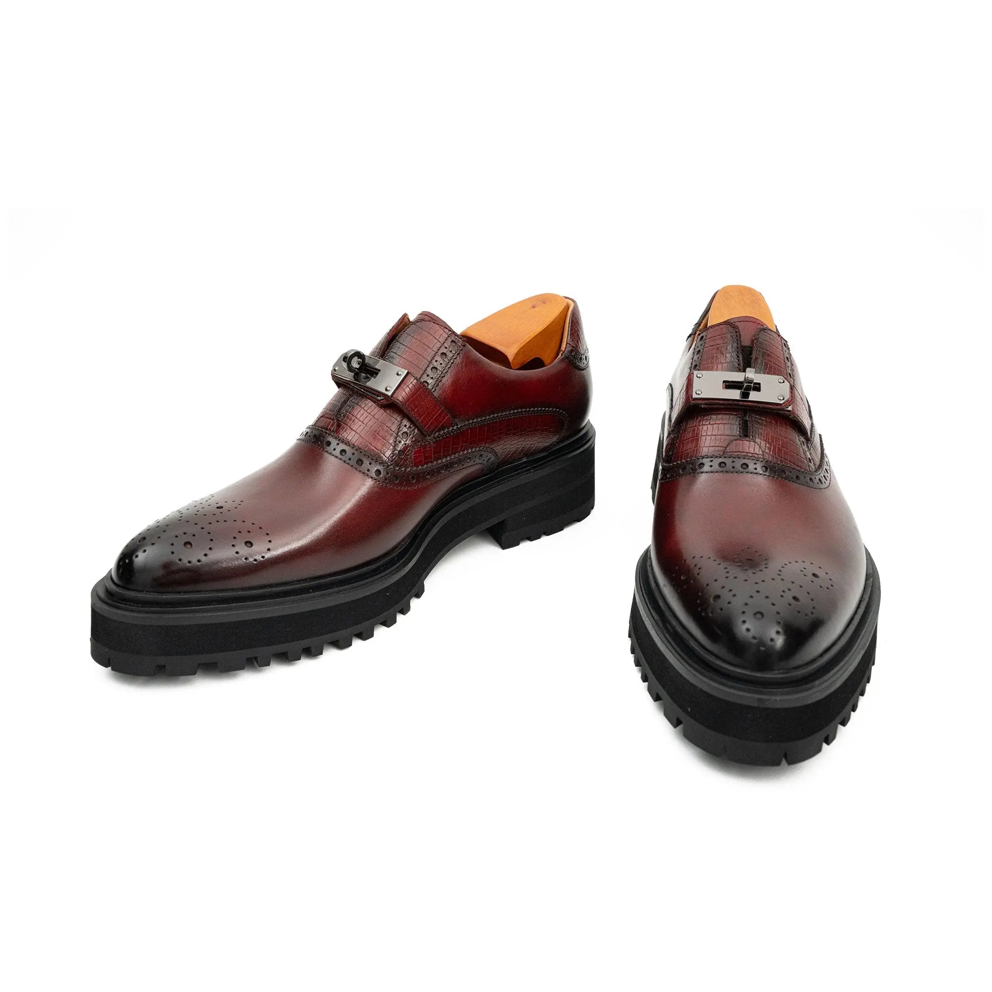 Men's Brogue Detail Leather Loafers Burgundy Divinch
