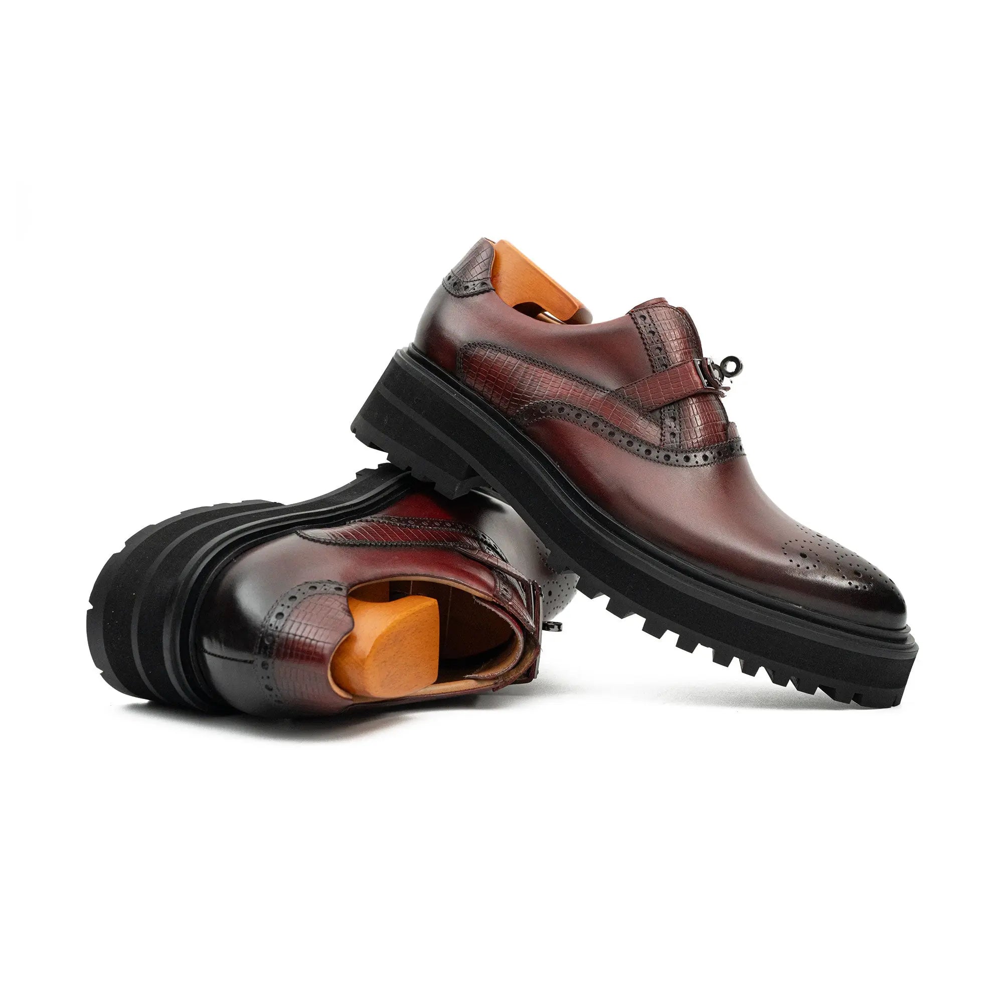 Men's Brogue Detail Leather Loafers Burgundy Divinch