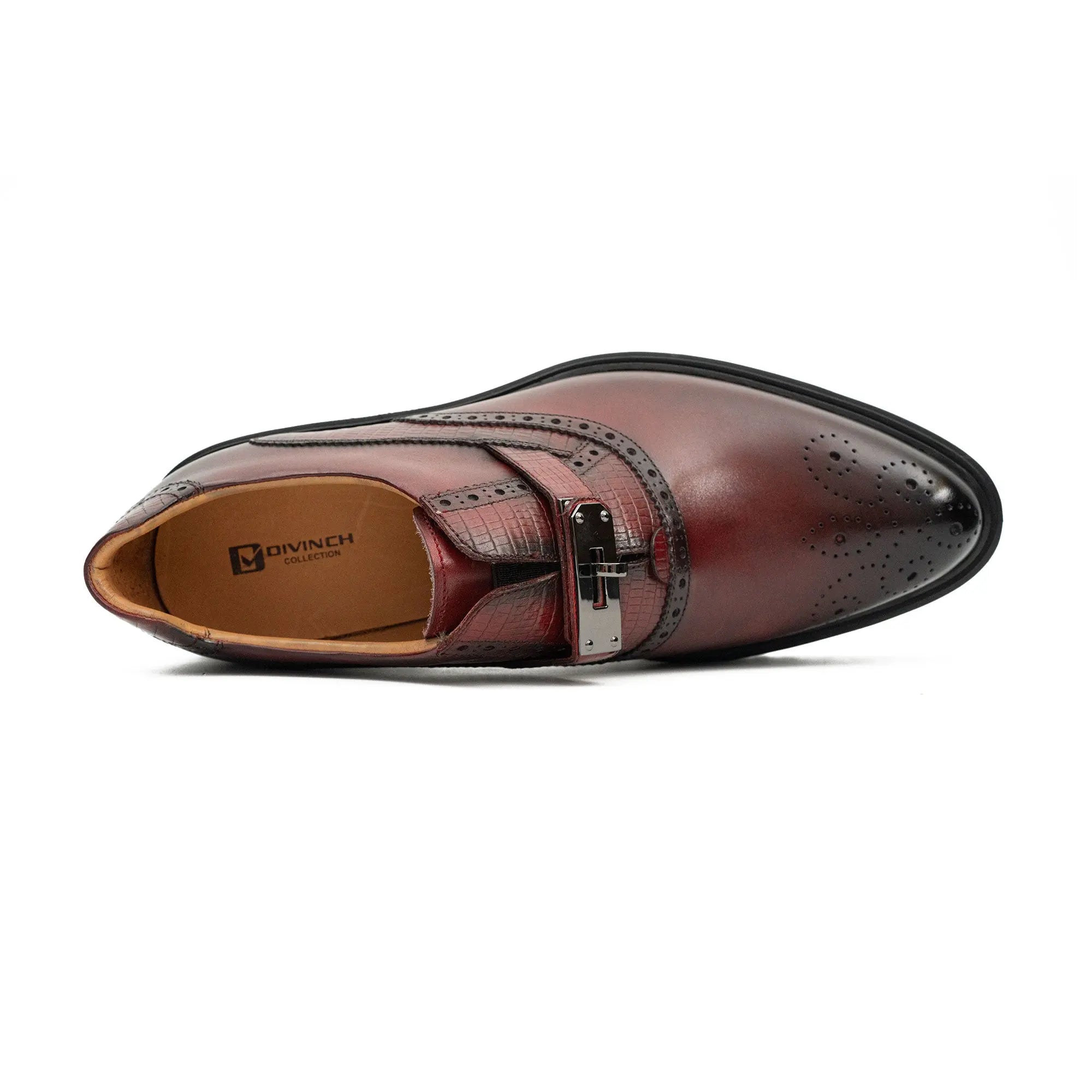 Men's Brogue Detail Leather Loafers Burgundy Divinch