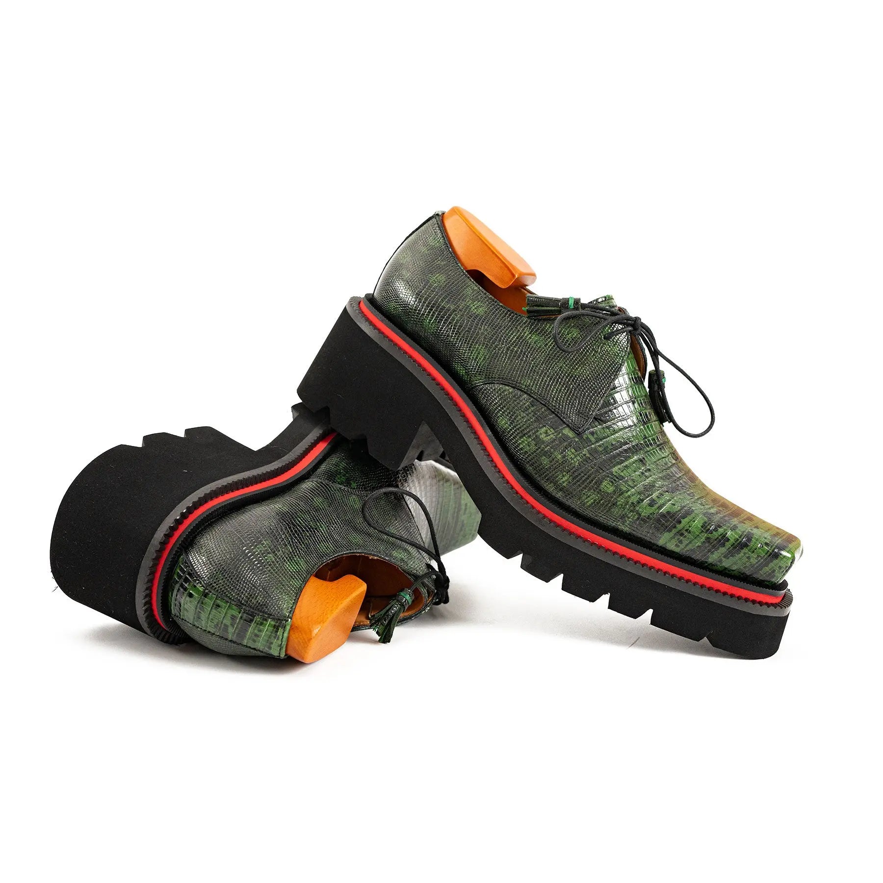 Men's Leather Derby Shoes with Snake-Print Platform Divinch