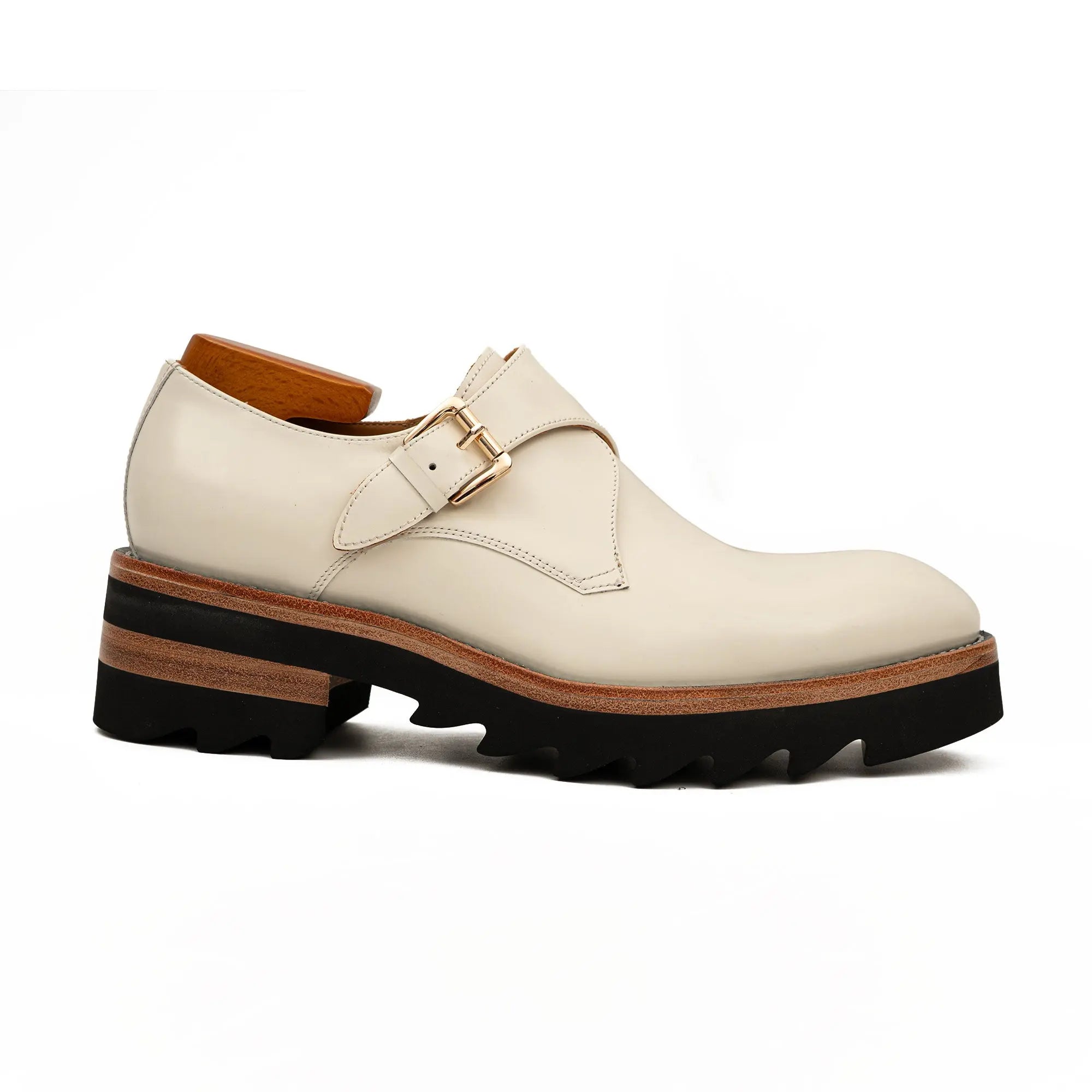 White Leather Monk Strap Shoes with Chunky Soles DIVINCH
