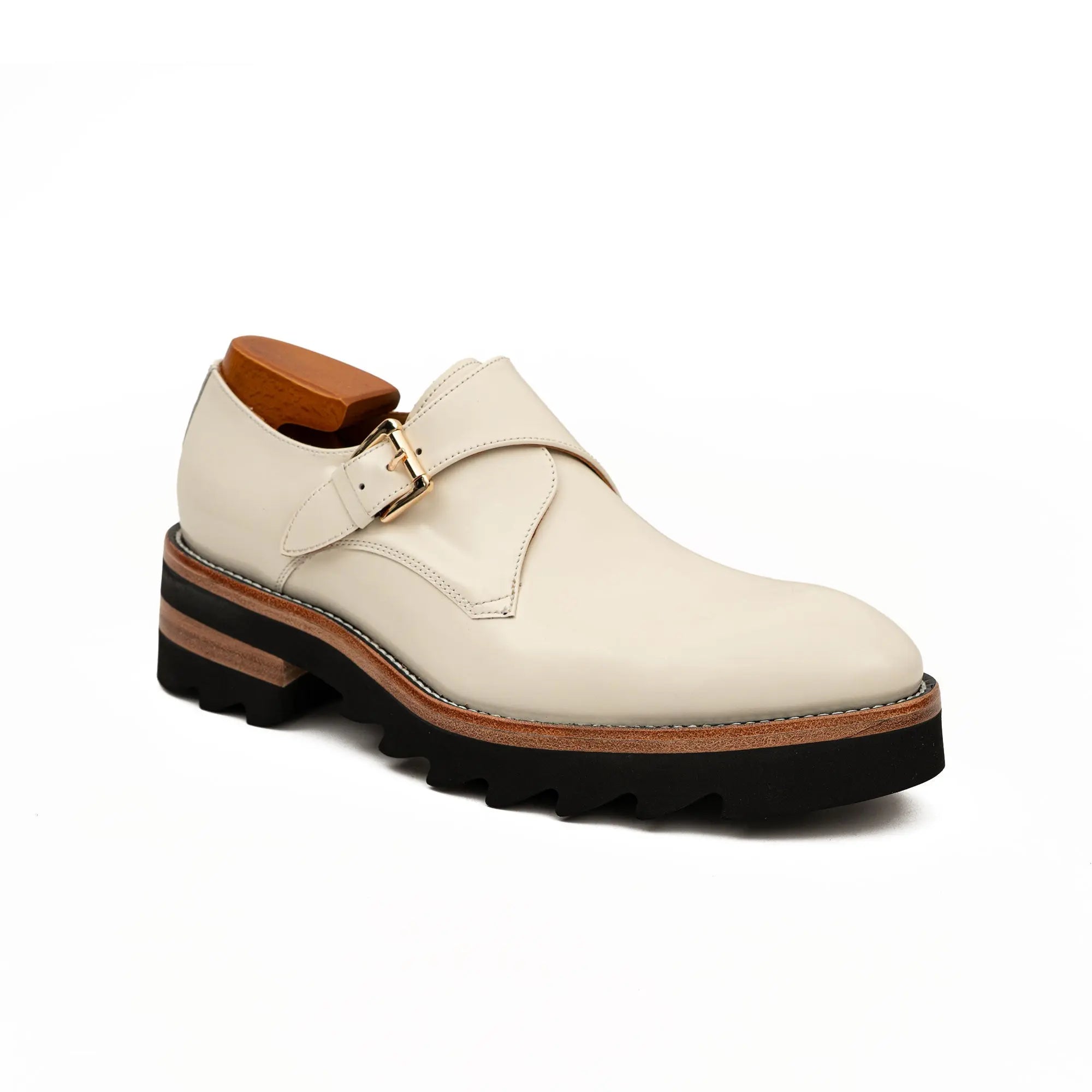 White Leather Monk Strap Shoes with Chunky Soles DIVINCH