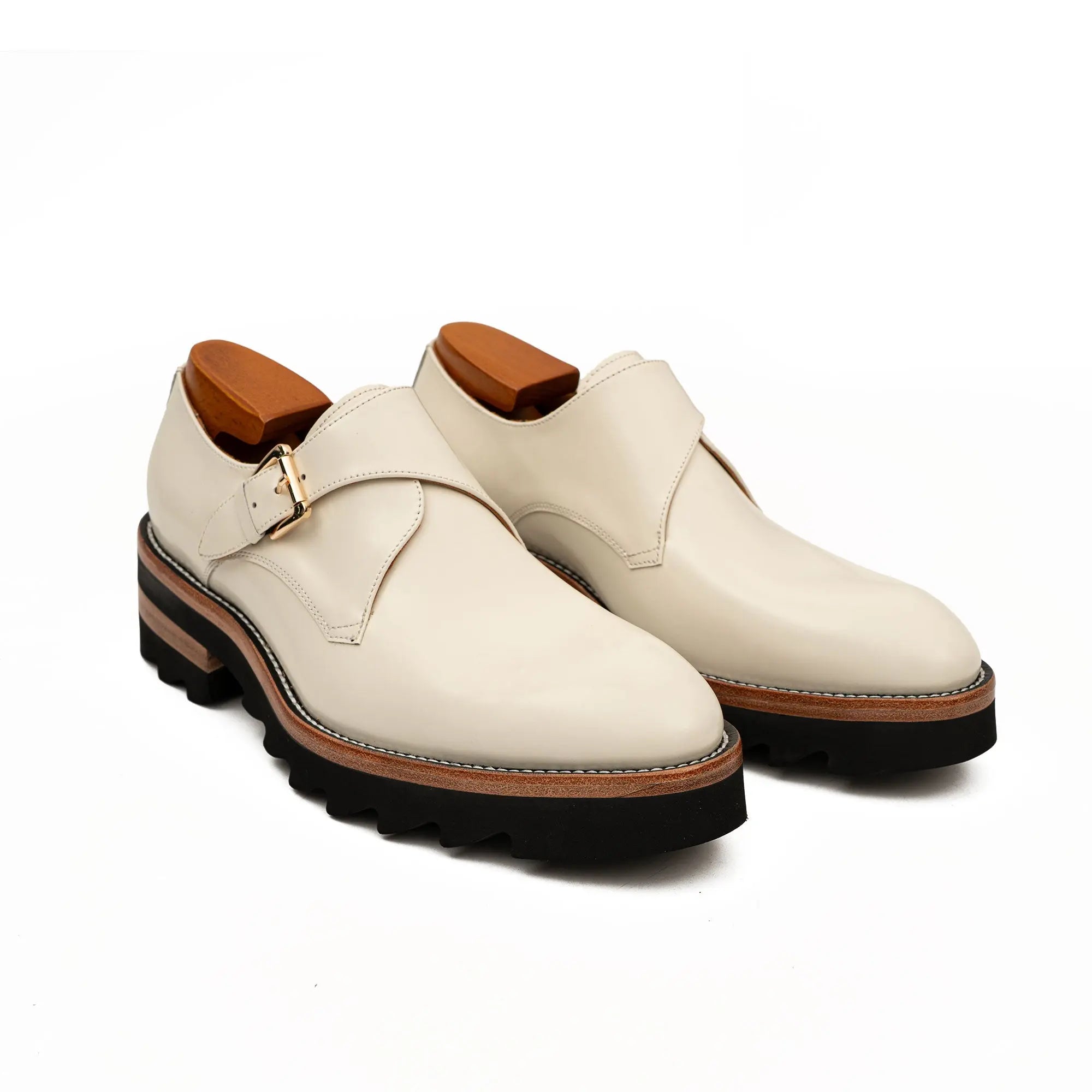 White Leather Monk Strap Shoes with Chunky Soles DIVINCH