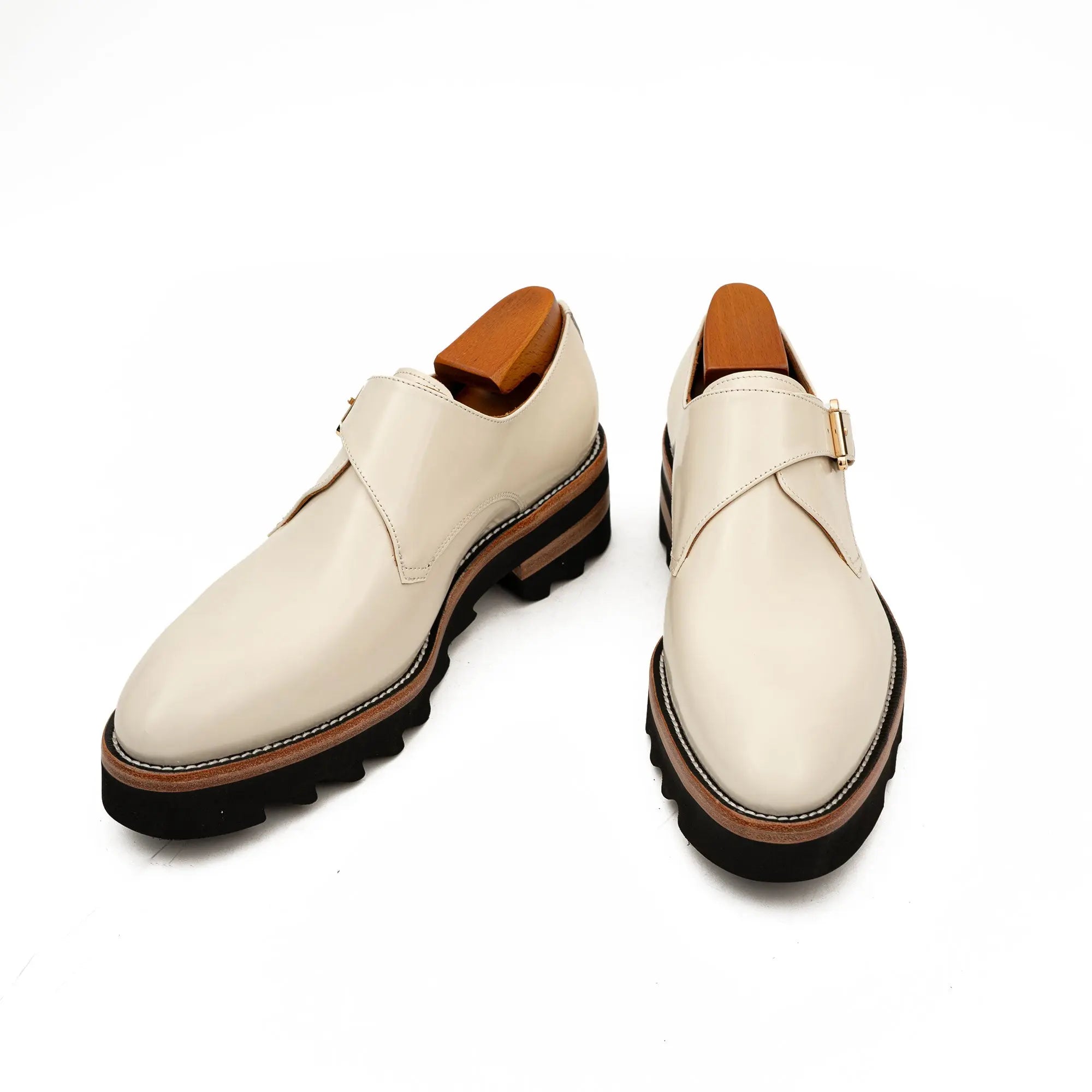 White Leather Monk Strap Shoes with Chunky Soles DIVINCH