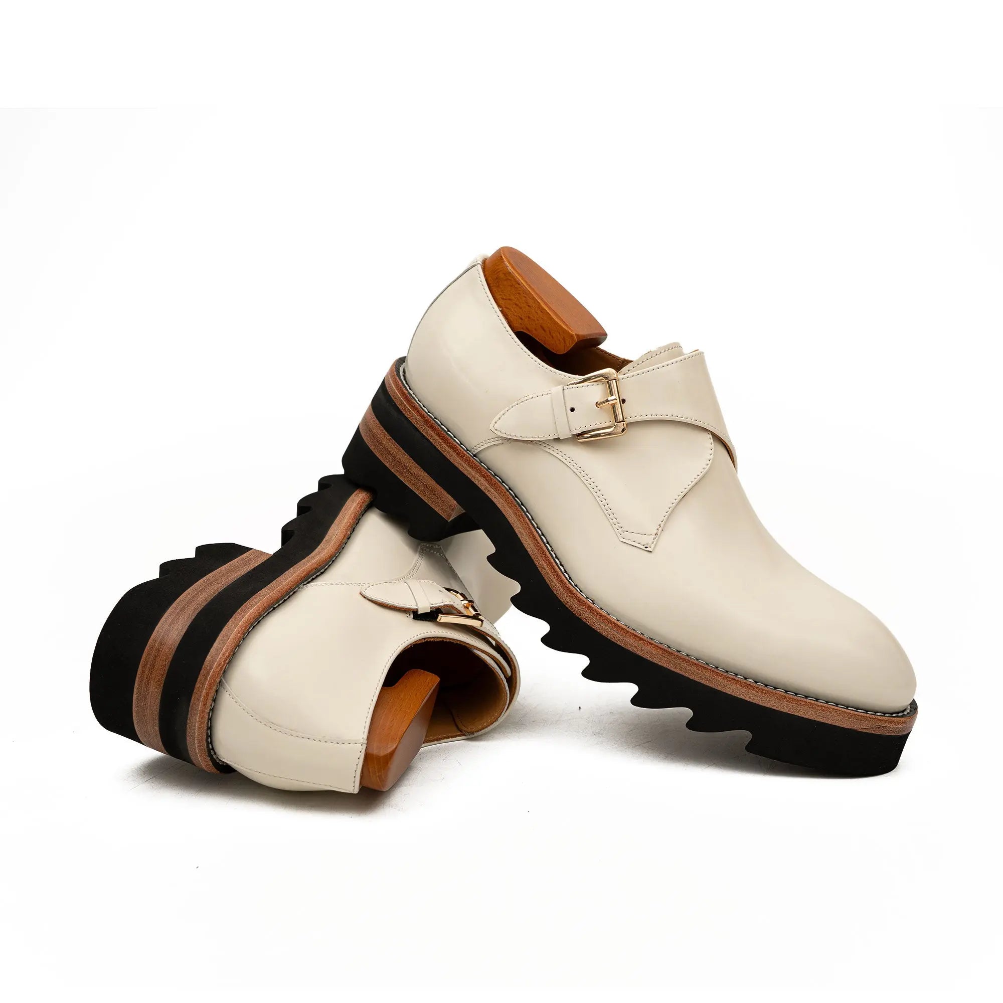 White Leather Monk Strap Shoes with Chunky Soles DIVINCH