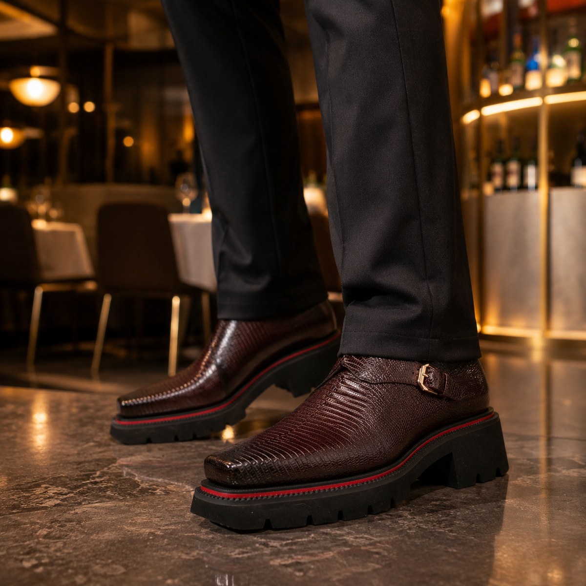 Brown Textured Monk Shoes with Lug Sole outfit scenario