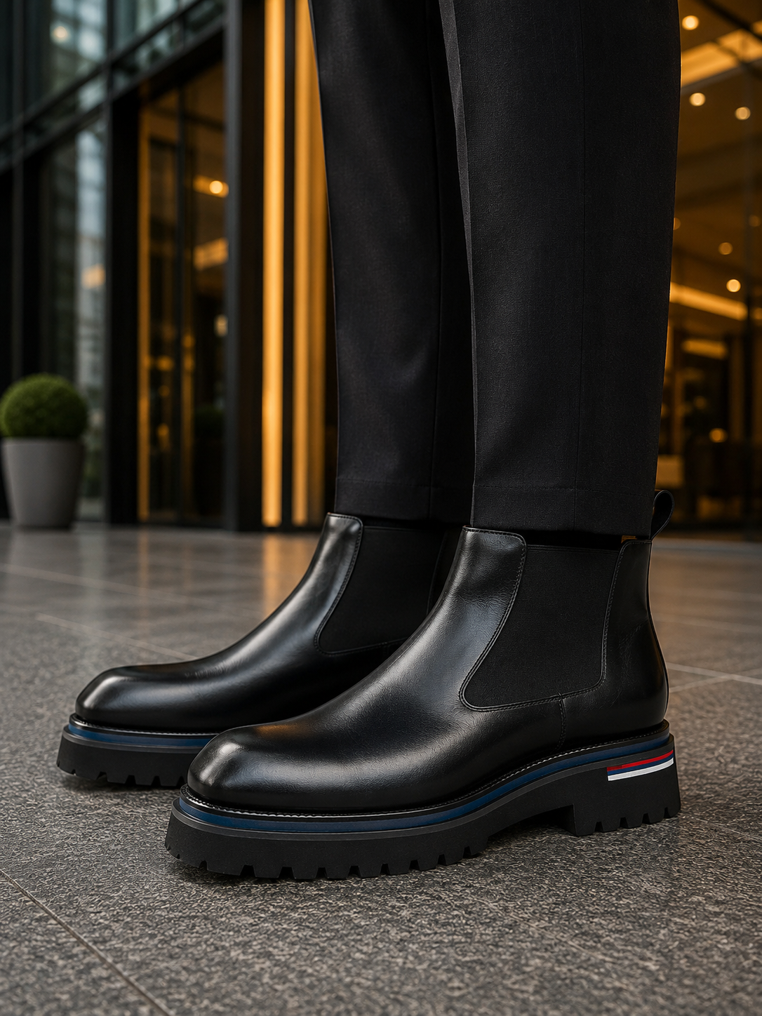 Stivali Chelsea in pelle di lusso nero jet outfit scenario