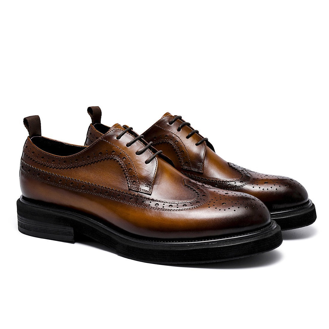 Men's Round Toe Brogue Leather Thick Sole Height Increased Derby Shoes D69513 Brown - Divinch