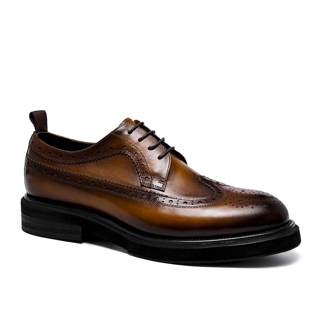 Men's Round Toe Brogue Leather Thick Sole Height Increased Derby Shoes D69513 Brown - Divinch