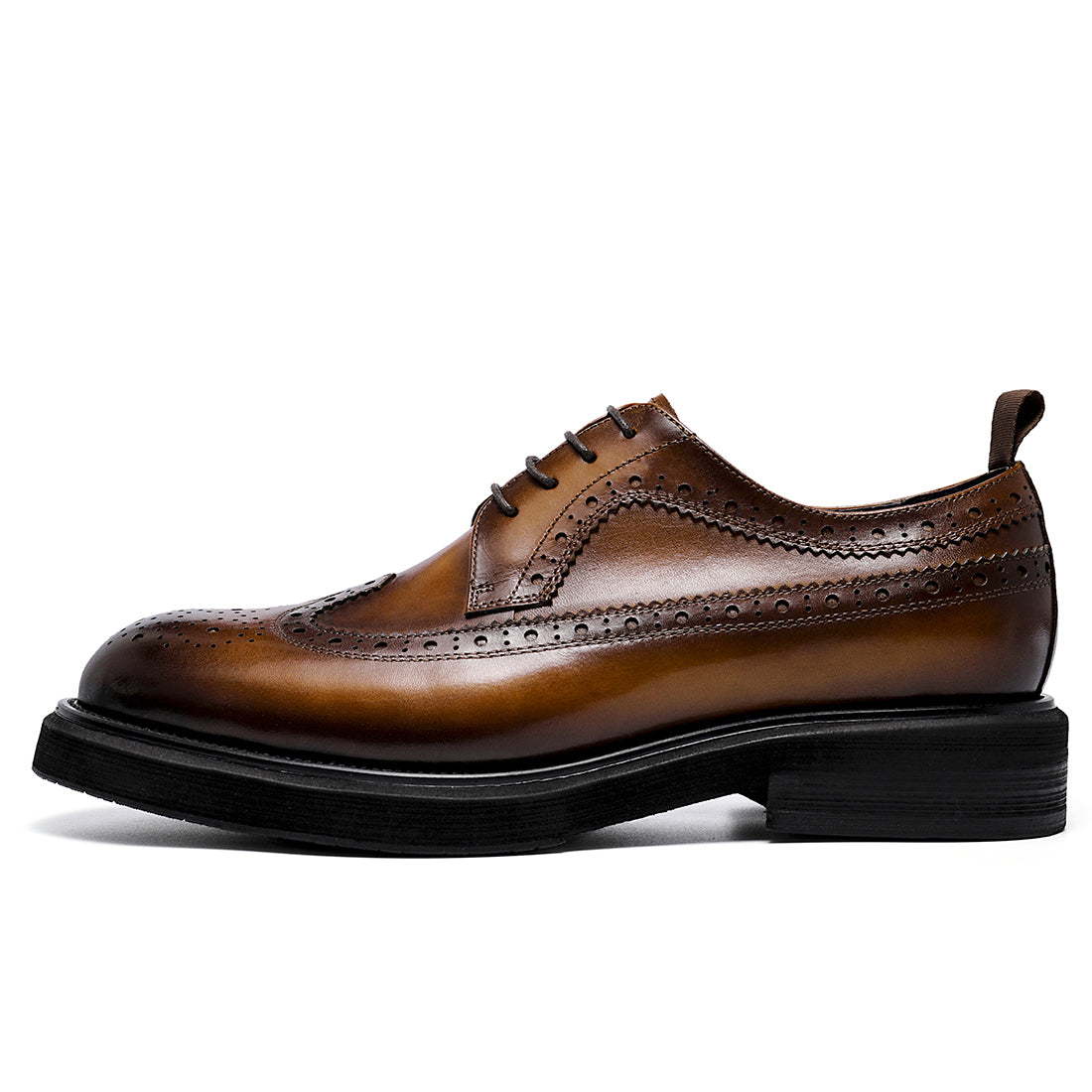 Men's Round Toe Brogue Leather Thick Sole Height Increased Derby Shoes D69513 Brown - Divinch