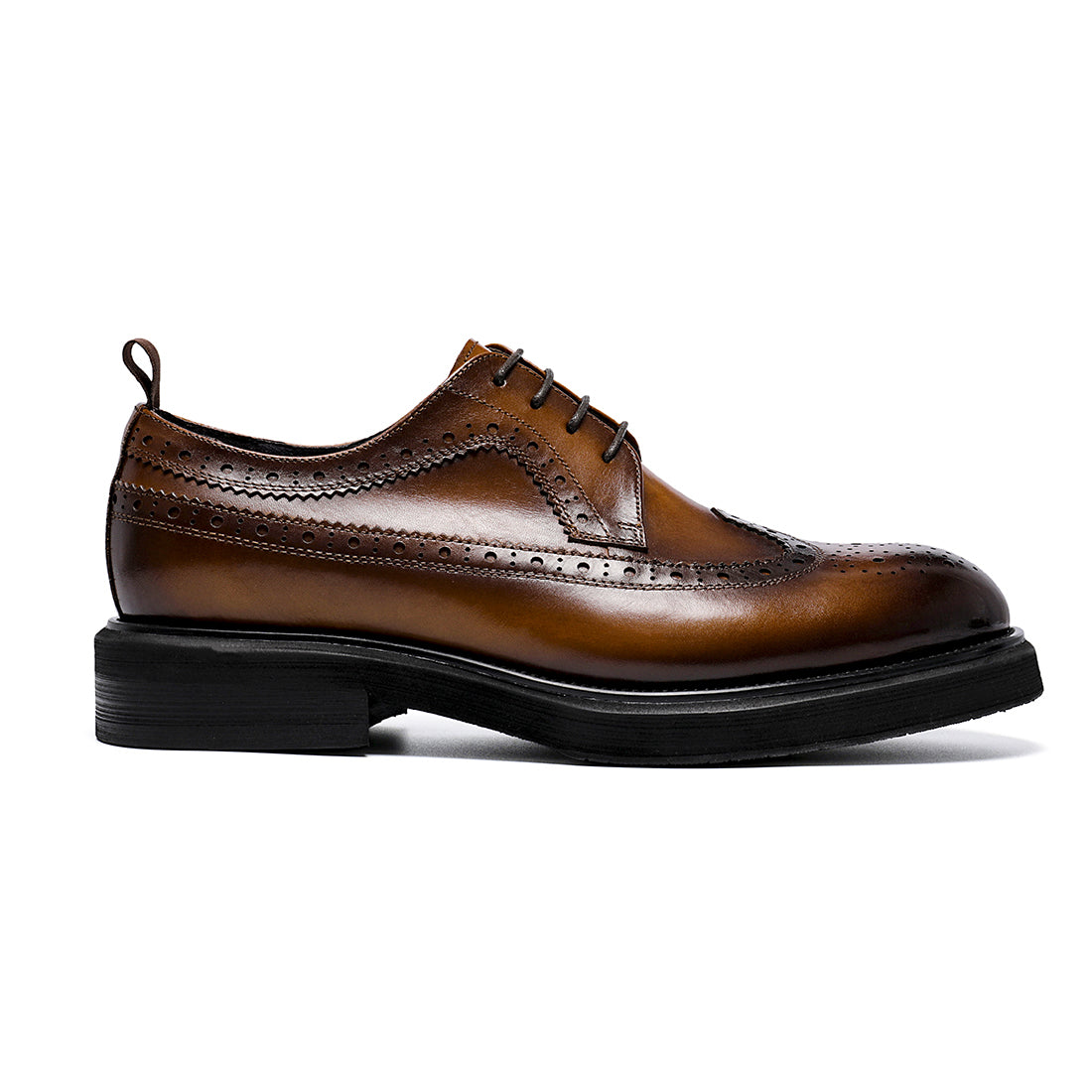 Men's Round Toe Brogue Leather Thick Sole Height Increased Derby Shoes D69513 Brown - Divinch