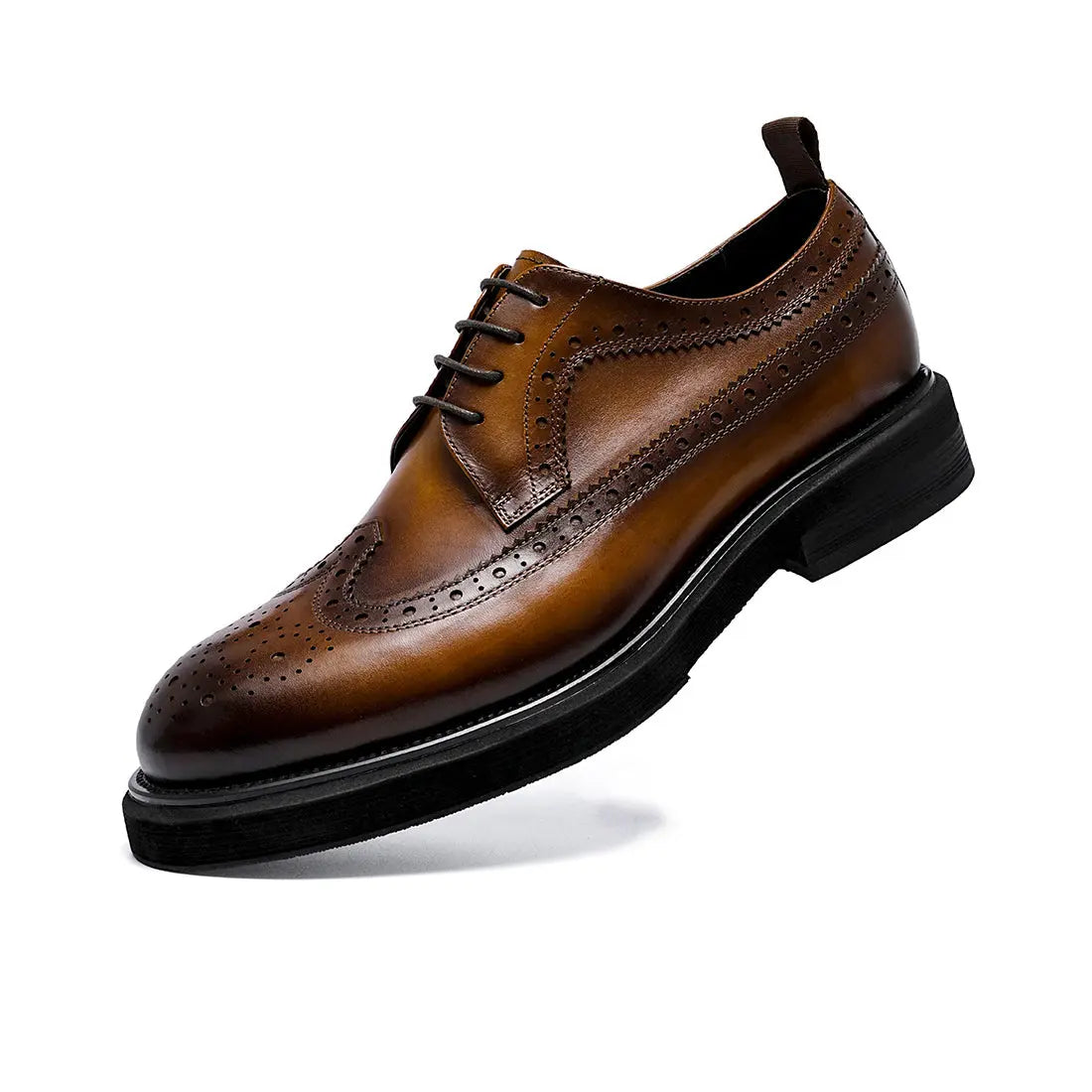 Men's Round Toe Brogue Leather Thick Sole Height Increased Derby Shoes D69513 Brown - Divinch