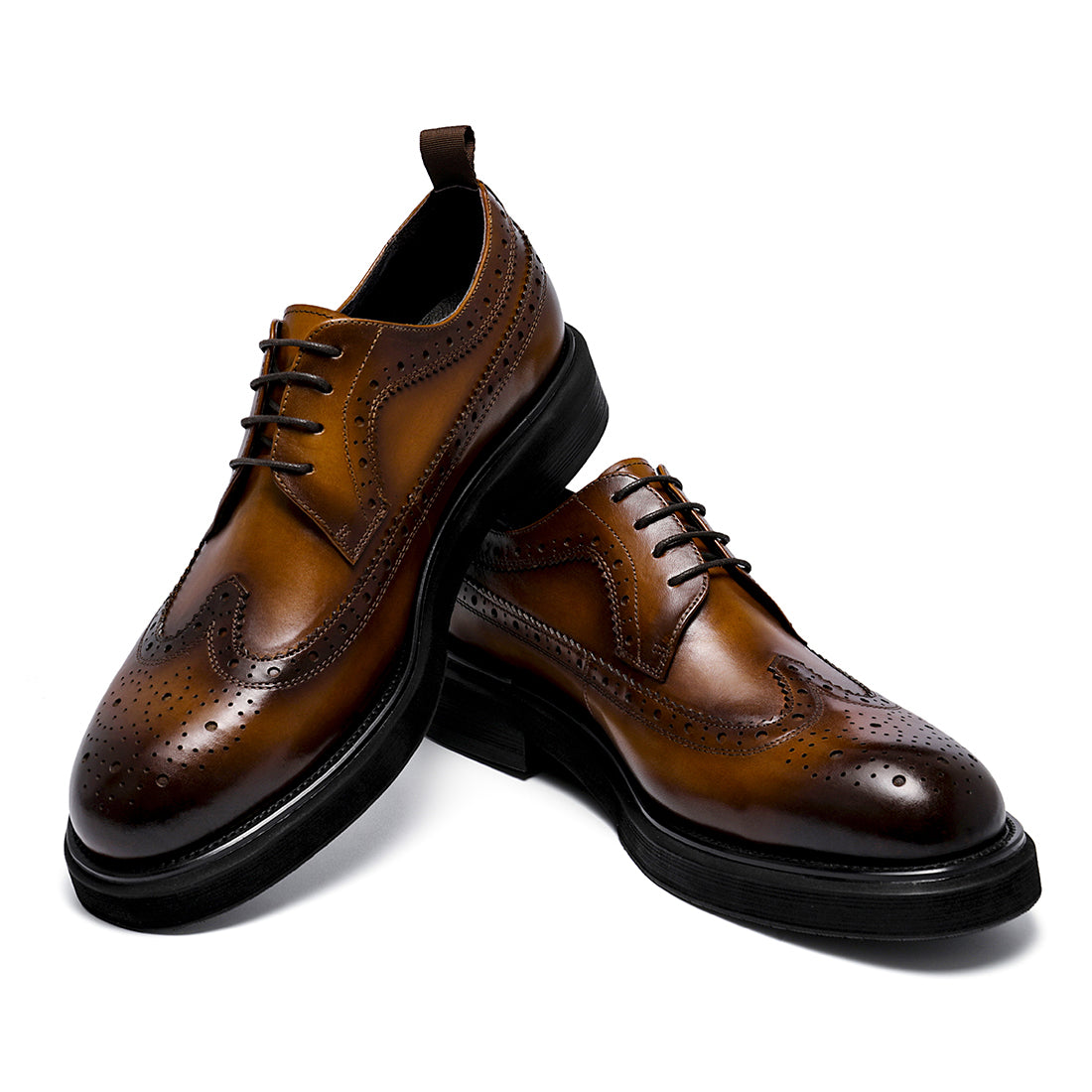 Men's Round Toe Brogue Leather Thick Sole Height Increased Derby Shoes D69513 Brown - Divinch