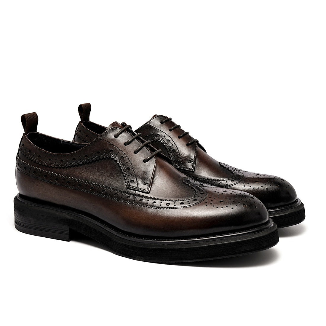 Men's Round Toe Brogue Leather Thick Sole Height Increased Derby Shoes D69513 Coffee - Divinch