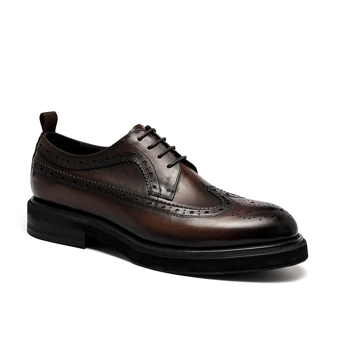 Men's Round Toe Brogue Leather Thick Sole Height Increased Derby Shoes D69513 Coffee - Divinch