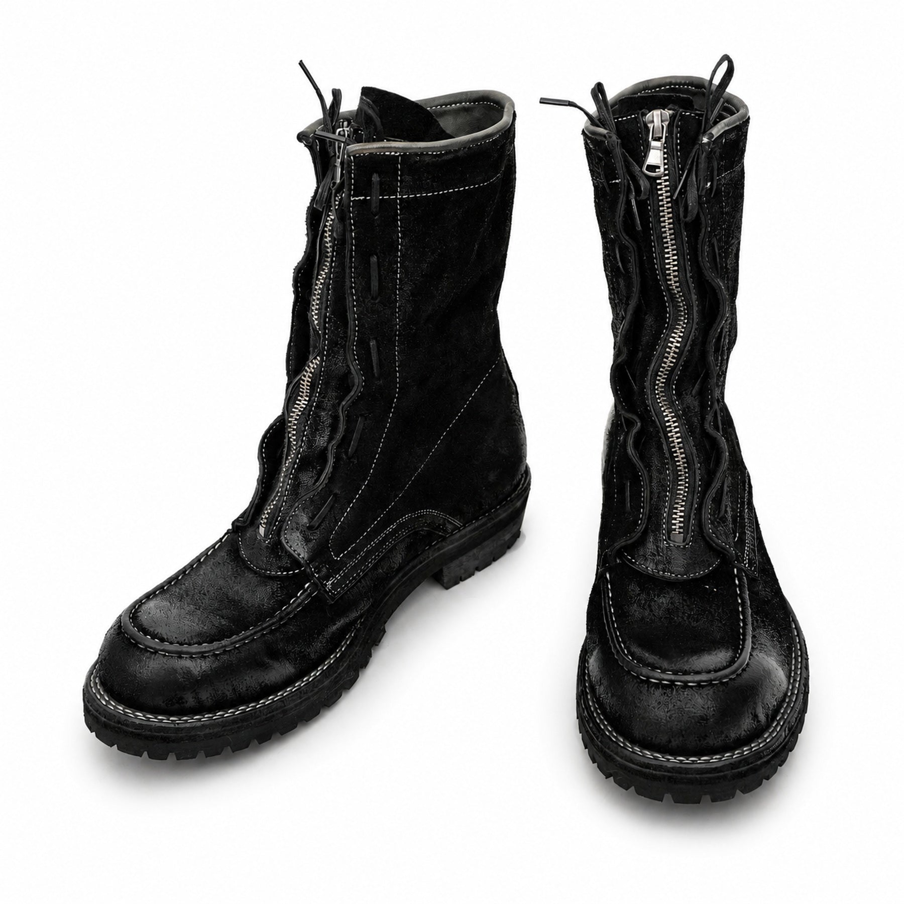 DIVINCH 5001B black textured zip lace-up boots top and front view