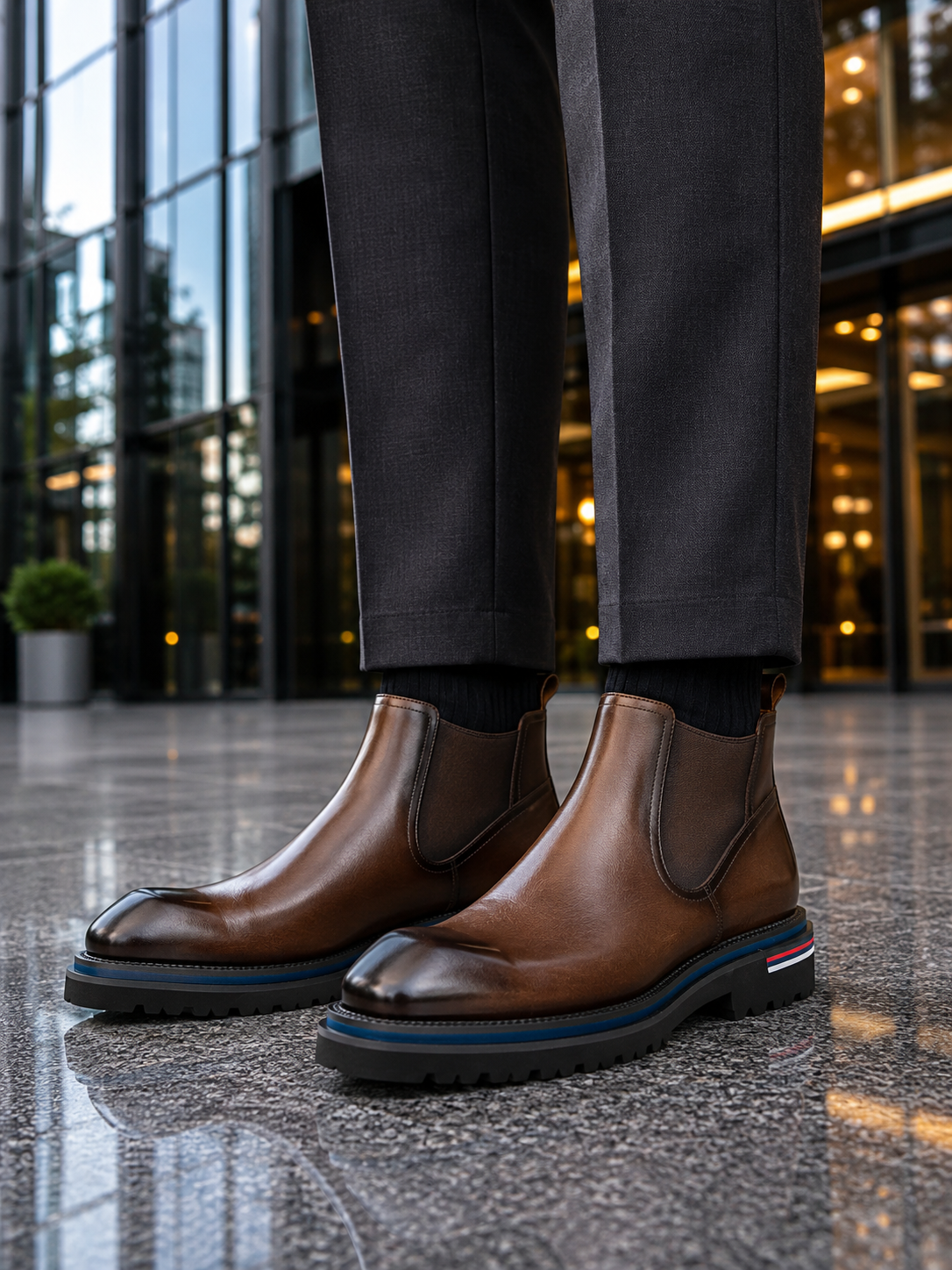 Stivali Chelsea in pelle di vitello color cognac outfit scenario