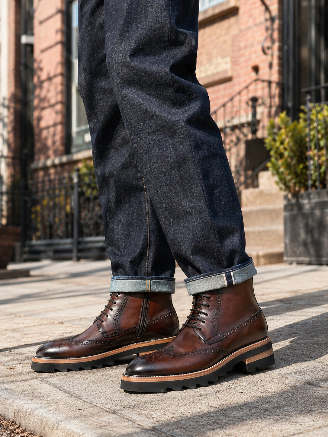 Walnut Lug Sole Brogue Boot outfit scenario