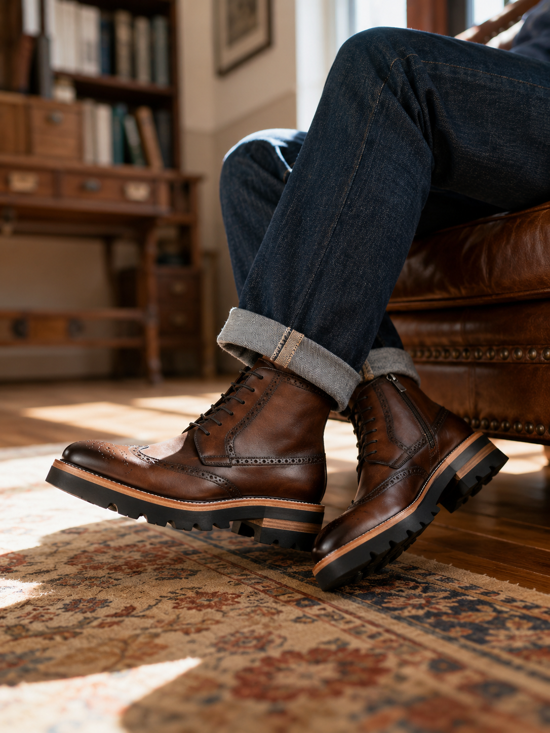 Walnut Lug Sole Brogue Boot outfit scenario