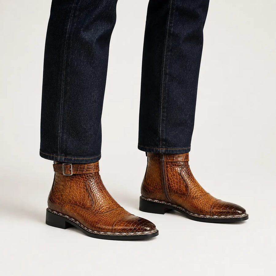 Amber Crocodile Chelsea Boot — on-foot studio view