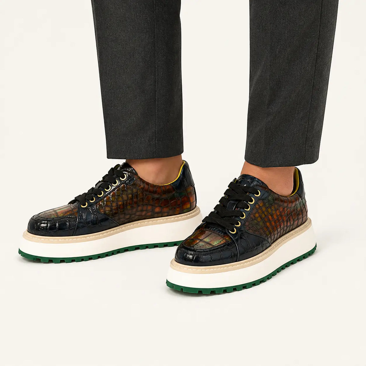 Amber Crocodile Platform Sneaker — on-foot studio view
