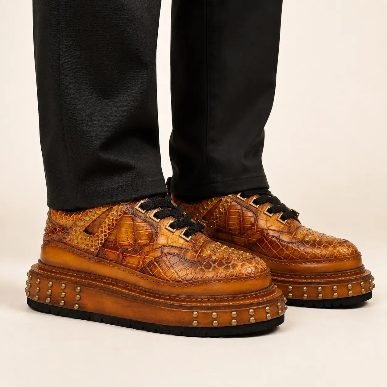 Amber Crocodile Platform Sneaker — on-foot studio view