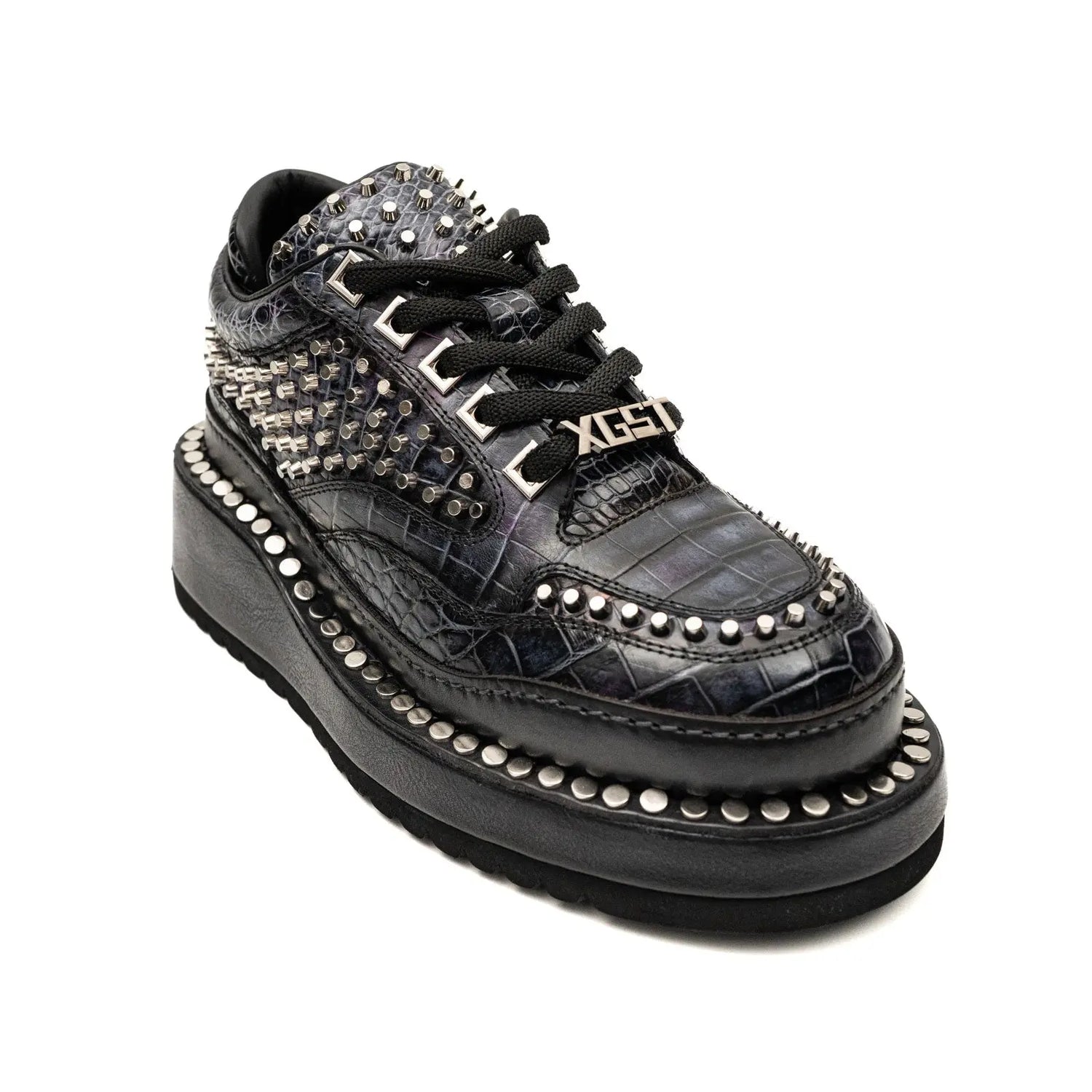 Sneakers Platform con Borchie in Pelle di Coccodrillo Antracite