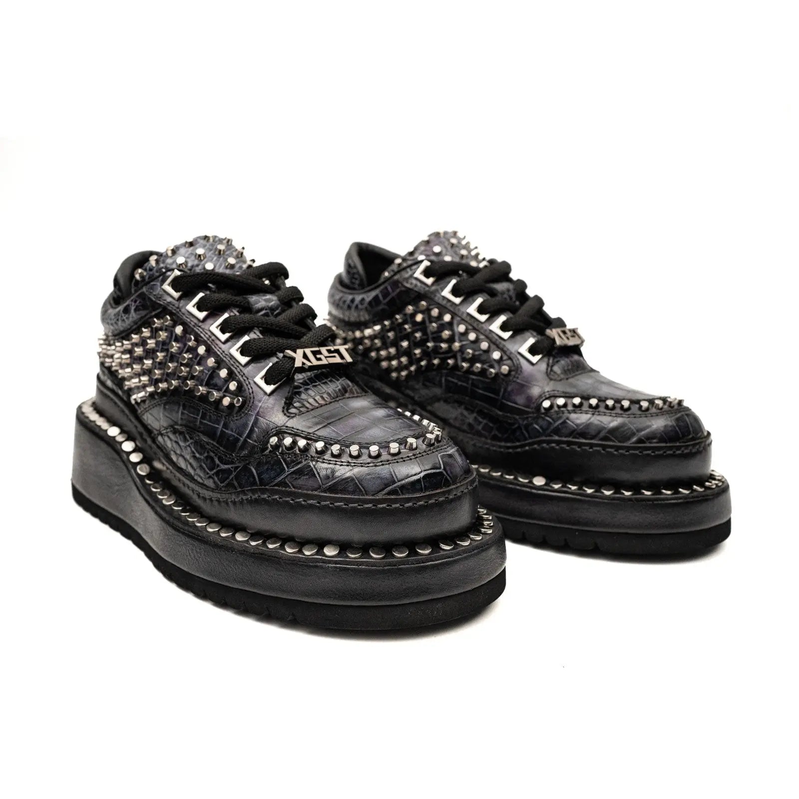 Sneakers Platform con Borchie in Pelle di Coccodrillo Antracite