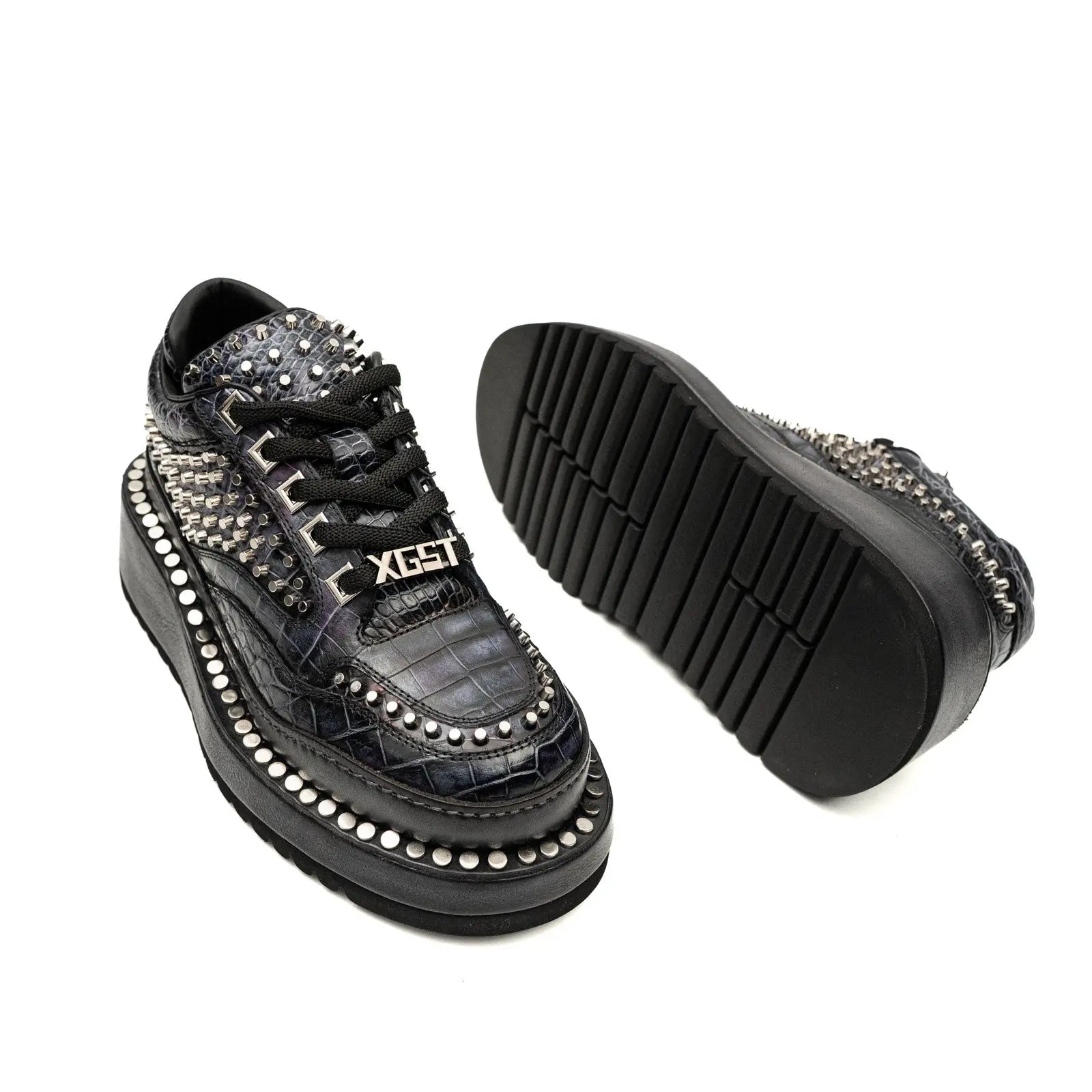 Sneakers Platform con Borchie in Pelle di Coccodrillo Antracite