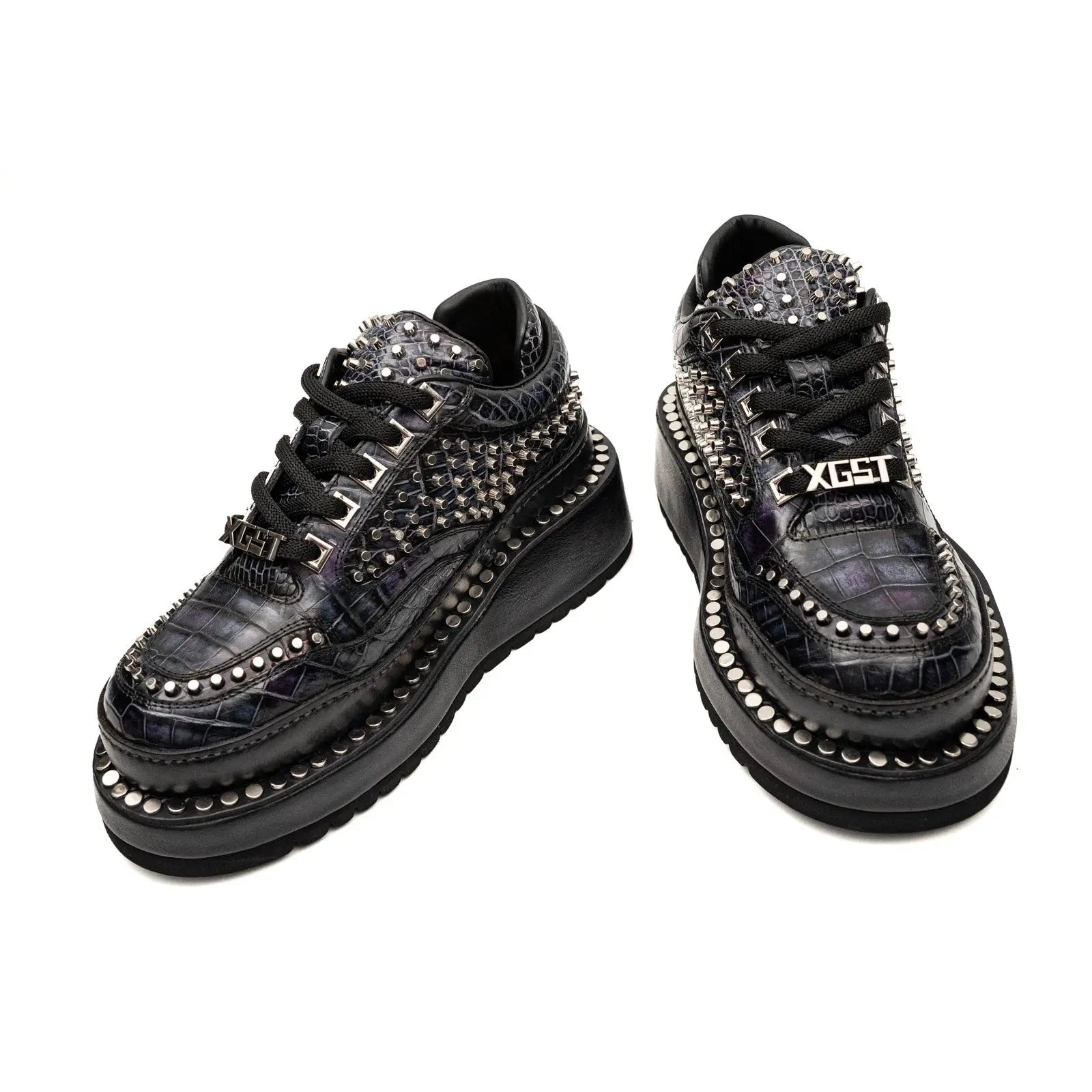 Sneakers Platform con Borchie in Pelle di Coccodrillo Antracite