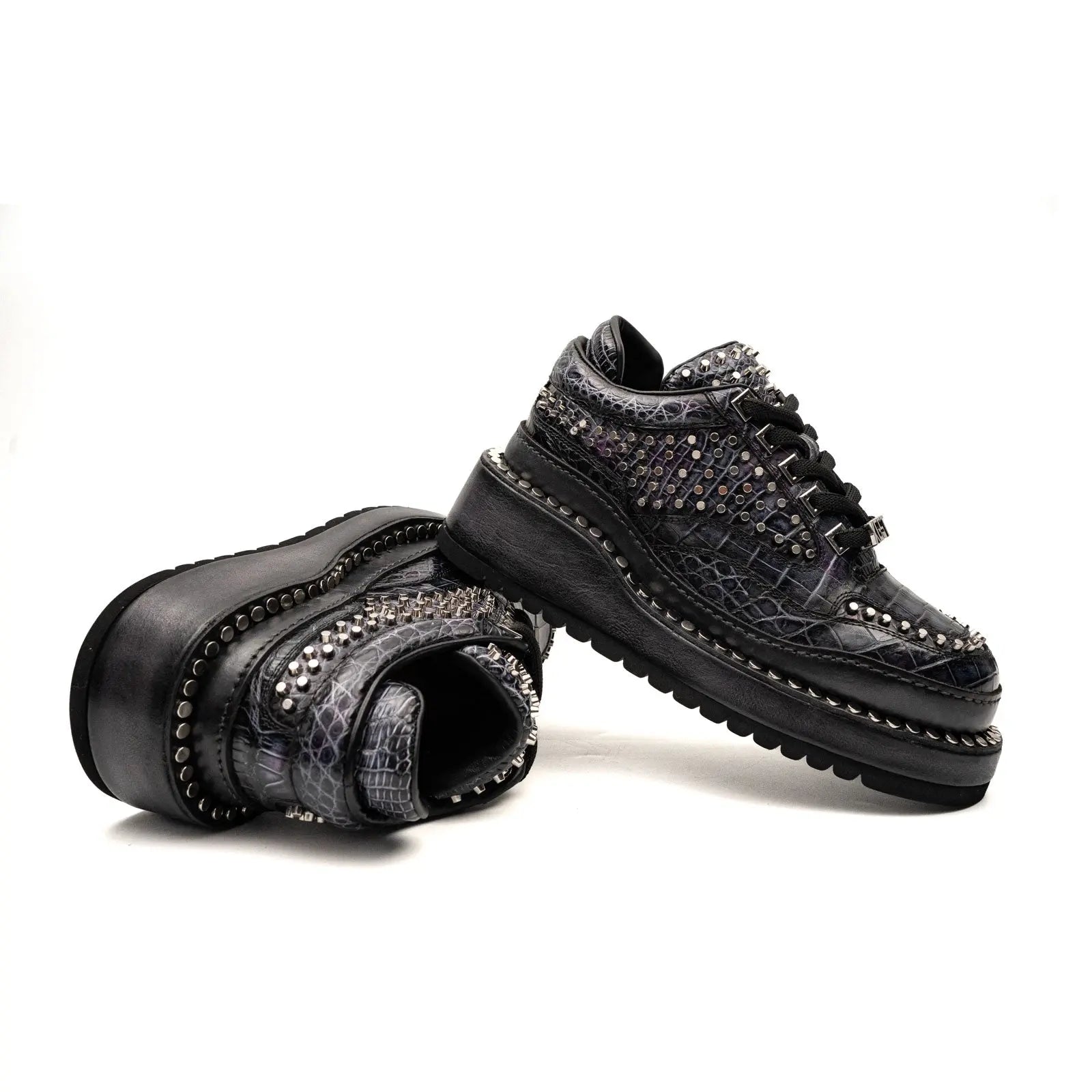 Sneakers Platform con Borchie in Pelle di Coccodrillo Antracite