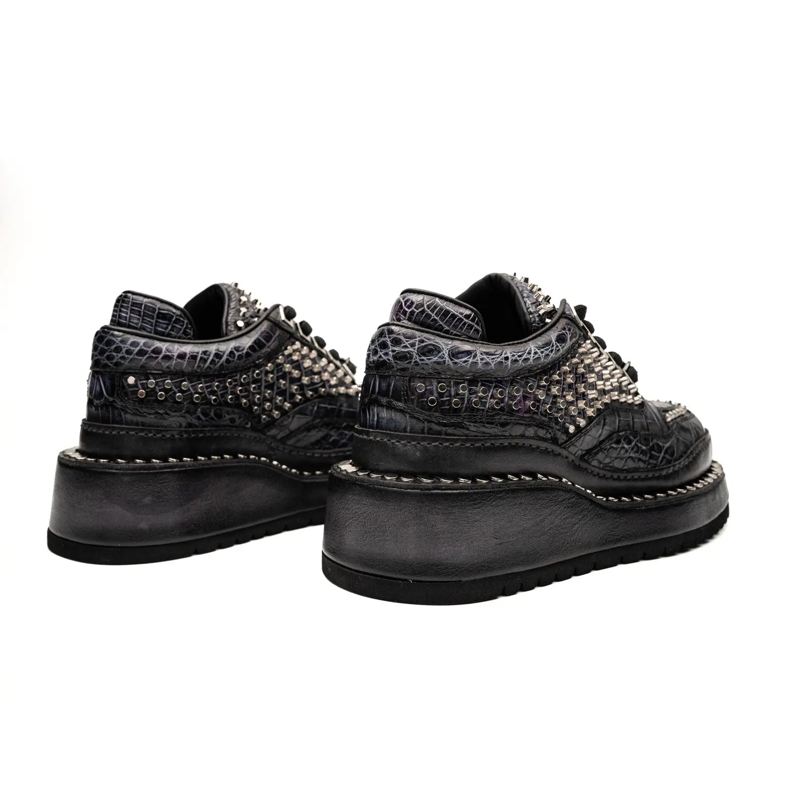 Sneakers Platform con Borchie in Pelle di Coccodrillo Antracite