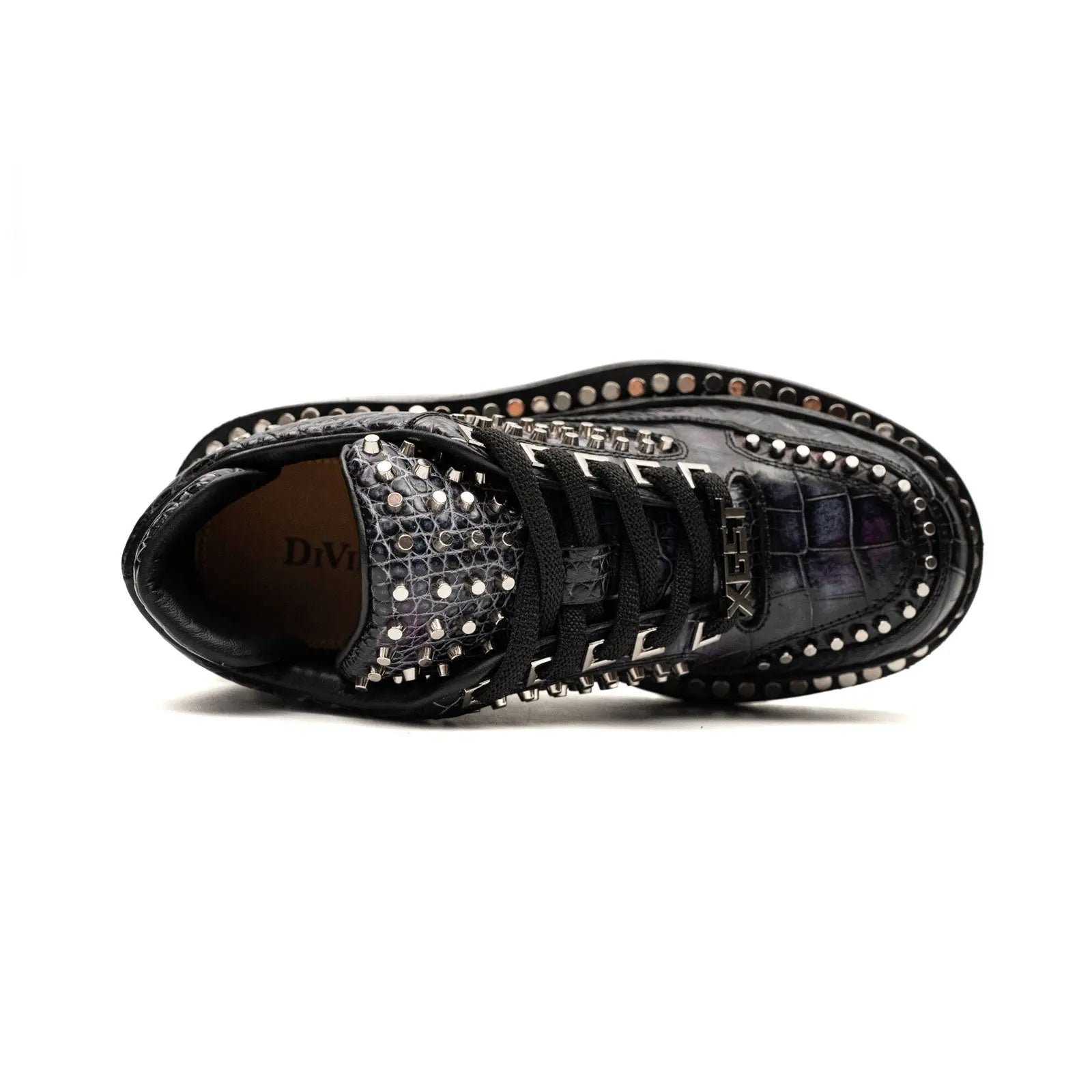 Sneakers Platform con Borchie in Pelle di Coccodrillo Antracite