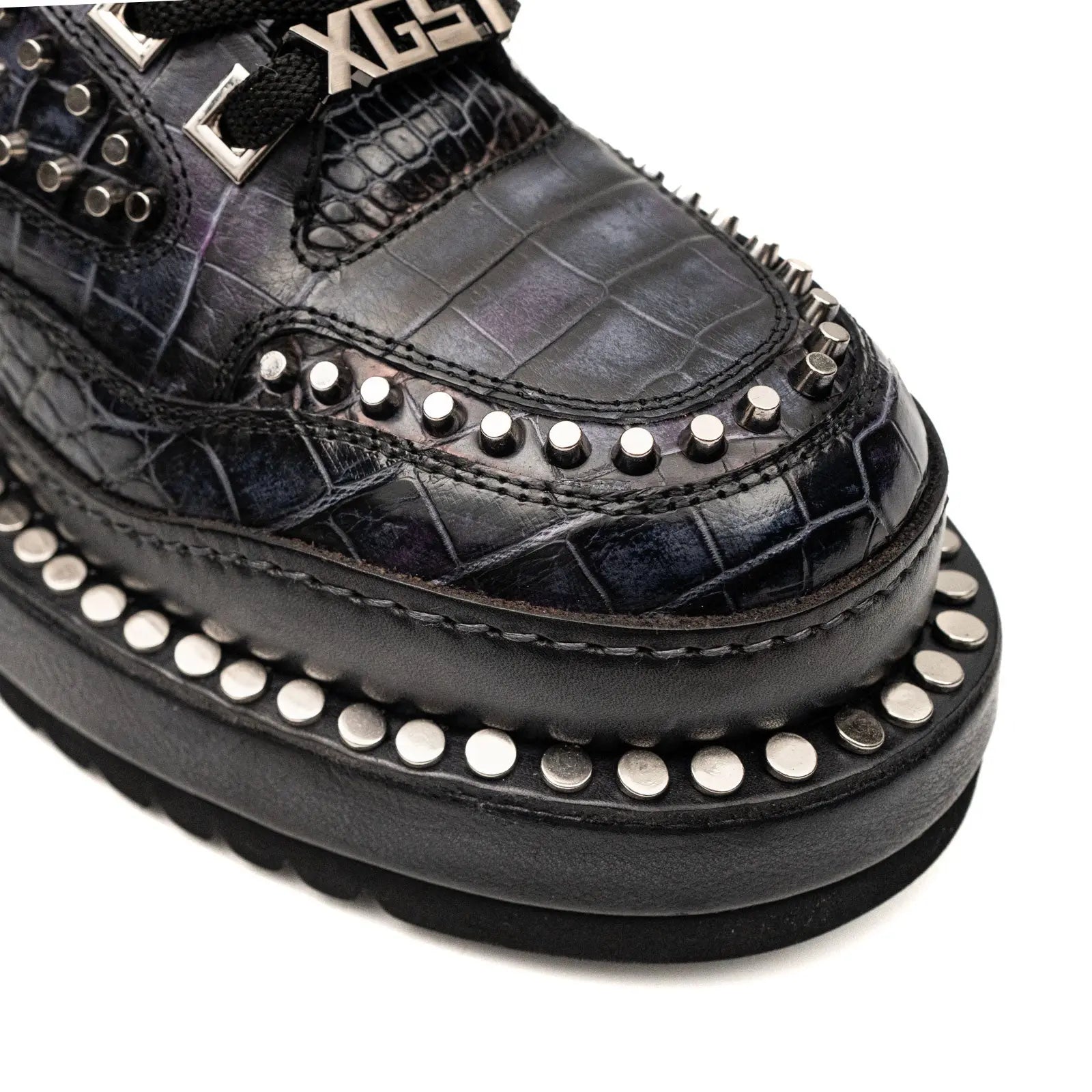 Sneakers Platform con Borchie in Pelle di Coccodrillo Antracite