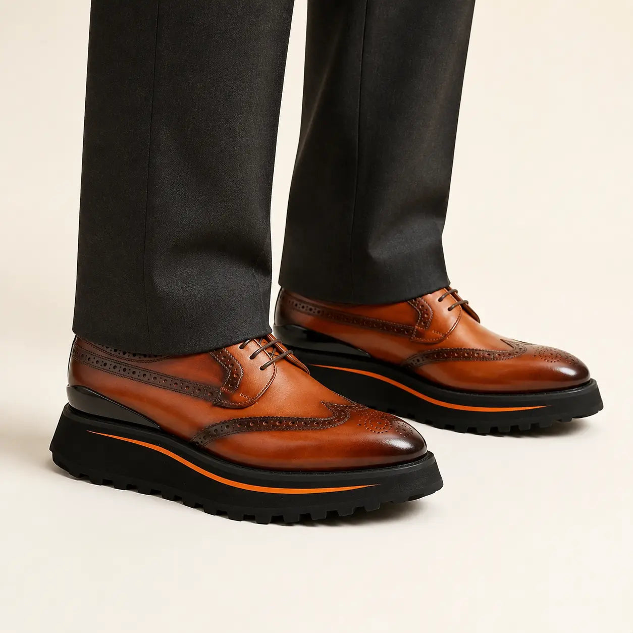 DIVINCH antique walnut platform brogue derby — on-foot studio view