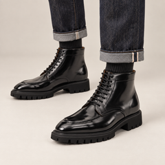 DIVINCH 6765B black lug sole apron-toe lace-up ankle boots on foot
