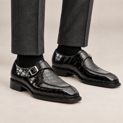 Black Textured Apron-Toe Monk-strap Shoe DIVINCH