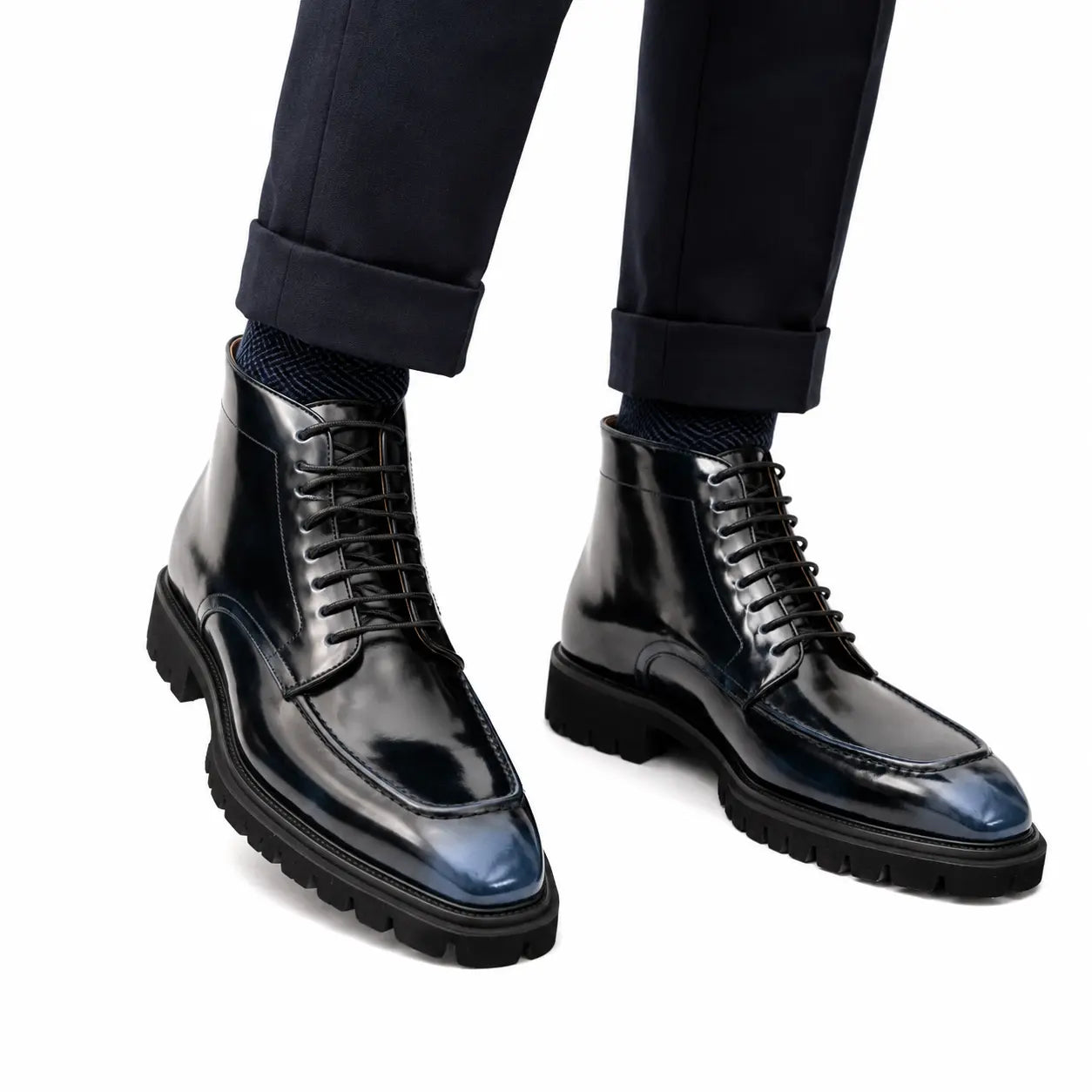 Black Apron-Toe Lace-Up Boots
