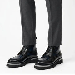 Black BLUE Patent Leather Lace-Up Boots DIVINCH