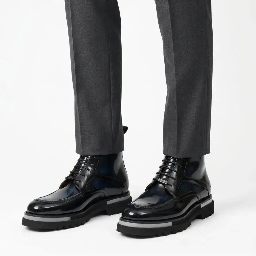 Black BLUE Patent Leather Lace-Up Boots DIVINCH