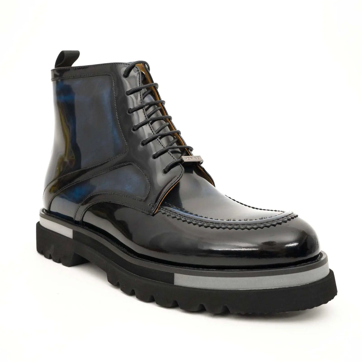 Black BLUE Patent Leather Lace-Up Boots DIVINCH