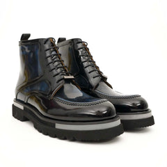 Black BLUE Patent Leather Lace-Up Boots DIVINCH