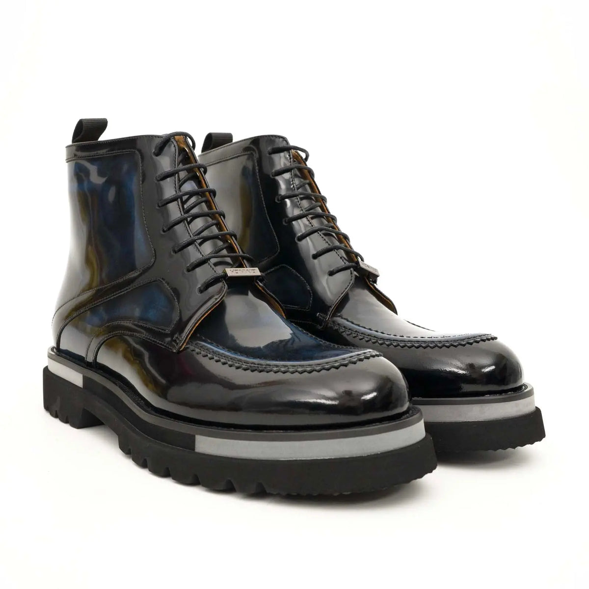 Black BLUE Patent Leather Lace-Up Boots DIVINCH