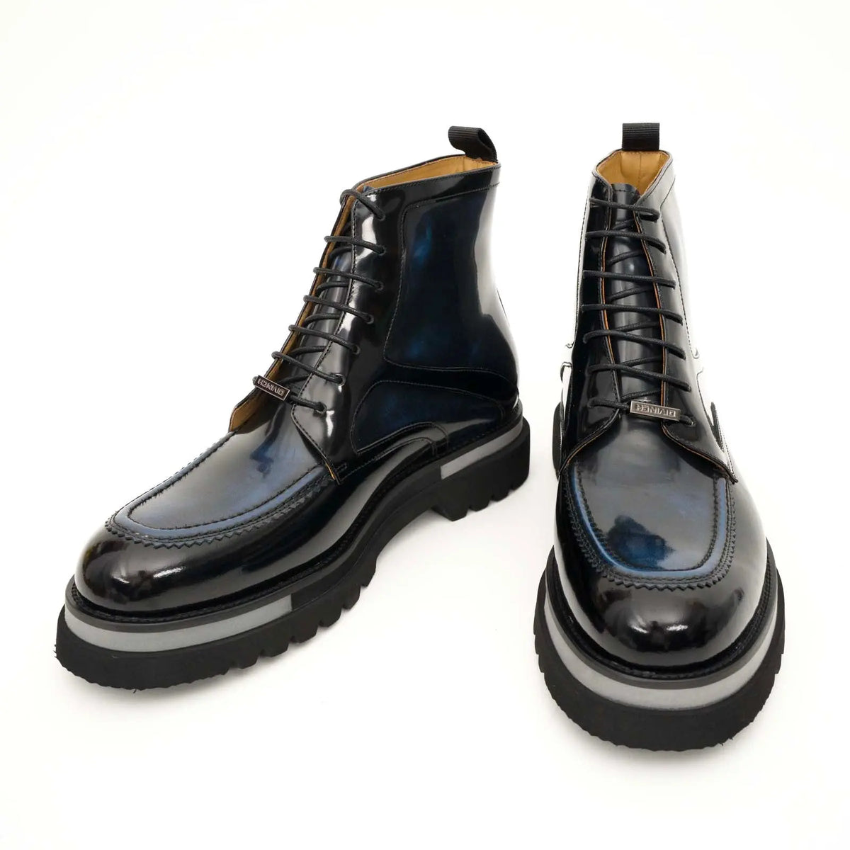 Black BLUE Patent Leather Lace-Up Boots DIVINCH