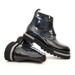 Black BLUE Patent Leather Lace-Up Boots DIVINCH
